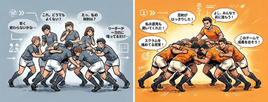 「なんとなく」こなす会議 vs.「噛み締める」会議：真のリーダーシップと全員参加とは？ ラグビーのスクラムに例えて解説！ 左は「だめなれい」、テーマ：目的が不明確、ただ時間が過ぎる、特徴：リーダーシップ不足、全員不参加。右は「いいれい」、テーマ：目的が明確、全員が主体的に参加、特徴：リーダーシップが機能、全員参加。